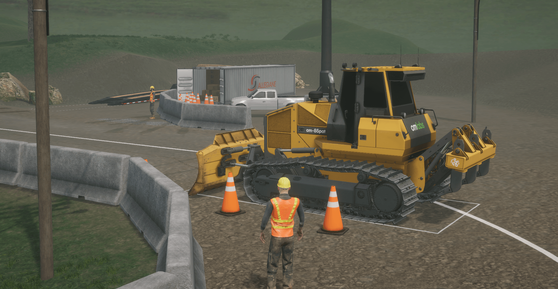 Dozer simulator training pack – Back facing within cones and lines – With operator beside