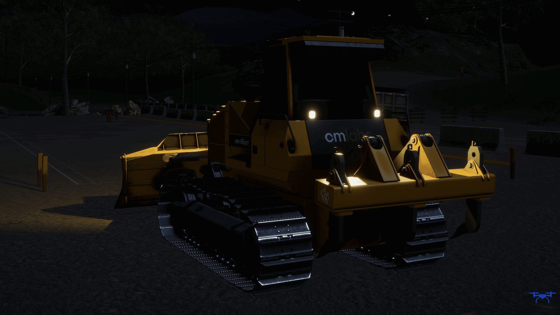 Dozer simulator training pack - Back side beauty shot at night time with lights on