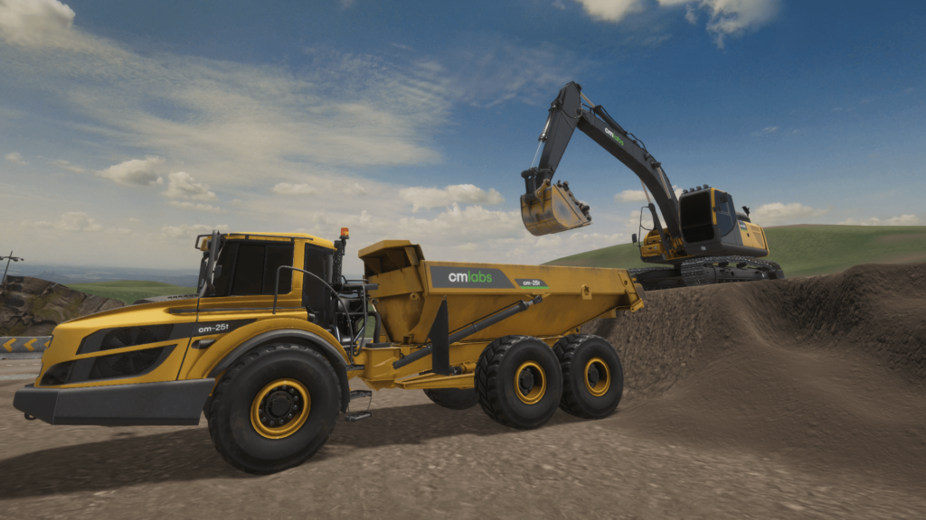 CM Labs' Simulated Excavator dumping earth into an articulated Dump Truck